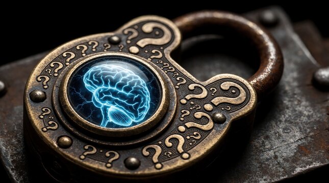 Close up of vintage metal padlock with glowing blue human brain inside. Ornate bronze lock features question marks pattern. Concept of mental health, psychology, intelligence subconscious mind
