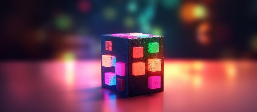 Vibrant Glowing Rubiks Cube on Reflective Surface with Bokeh Background.