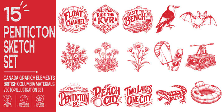 Penticton British Columbia Travel Illustration Elements, Peach City & Okanagan Lake Stickers, KVR Cycling, Naramata Bench, Wildlife, Flora & South Okanagan Graphics