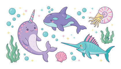 Cute narwhal and marine animal vector set. Orca, swordfish, ammonite, bubbles, seaweed, shell and underwater graphic. © BULU