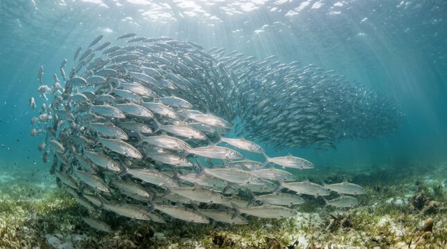 large school of silver bonefish swimming together underwater in ocean