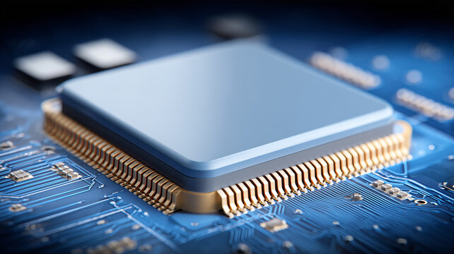 A microprocessor mounted on a detailed electronic circuit board represents advanced computing power and semiconductor technology for digital systems.