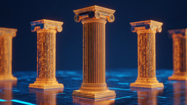 Glowing classical columns on a digital circuit surface represent institutional stability and the modernization of governance.