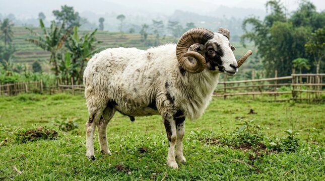 priangan sheep domba garut stands peacefully upon green lawn grass