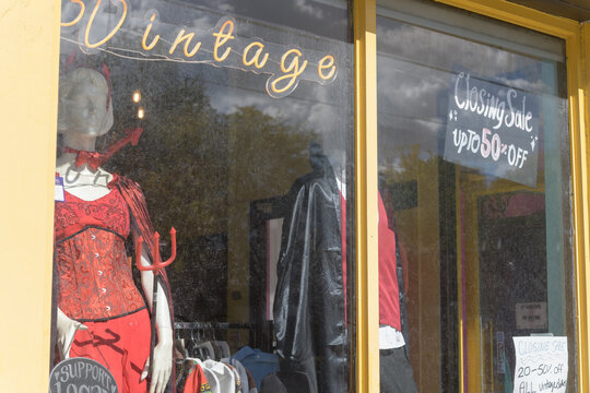 exterior building display window with costumes at Tribal Rhythm Vintage located at 578 Dundas St W, Toronto