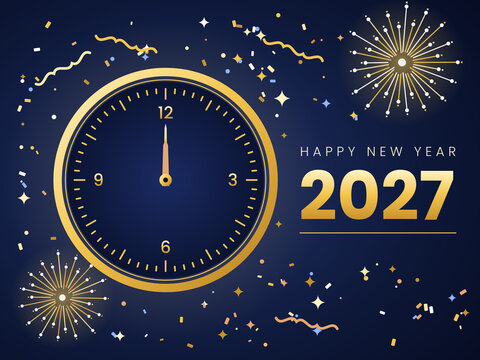 Golden midnight clock New Year 2027 celebration background with confetti, sparkles and fireworks, navy blue and gold countdown design with copy space