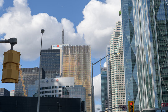 looking north on Bay St to office towers in the Financial District, incl Royal Bank Plaza South, St Regis, TD Place and CIBC Square, Toronto