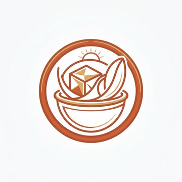 Minimalist brown bowl logo featuring stylized grain cube and sun rays for organic food brand.