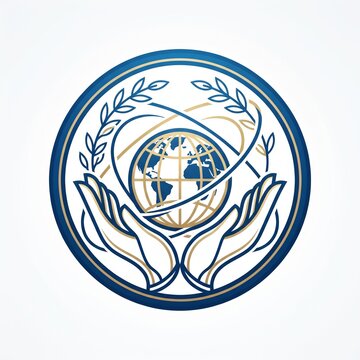 Supportive hands cradling earth globe with laurel wreath representing global unity and peace.