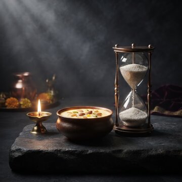 Sweet rice porridge bowl with nuts and hourglass showing passage of time for spiritual rituals.