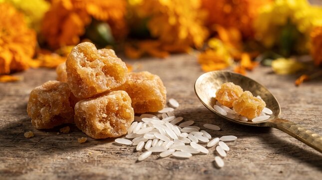 Raw jaggery chunks and white rice grains on rustic wooden table with marigold flower background.