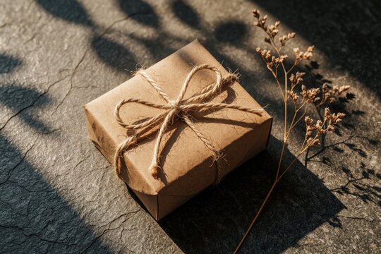 Rustic kraft paper gift box tied with jute twine on grey stone surface. Minimalist brown package with dried flower branch in sunlight. Natural texture background for eco friendly branding, wedding