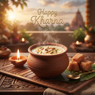 Happy kharna greeting with steaming kheer in clay pot and jaggery chunks on wooden balcony deck.