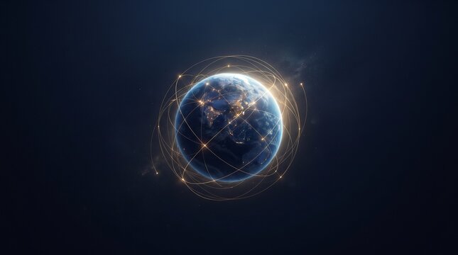 Connected earth globe with glowing network lines representing global communication and technology.