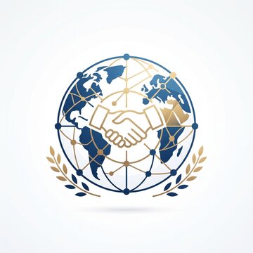 Global partnership logo featuring handshake over blue world map globe with golden laurel wreath.