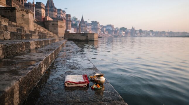 Copper kalash with folded cloth placed on stone steps near river ghat during morning prayer.