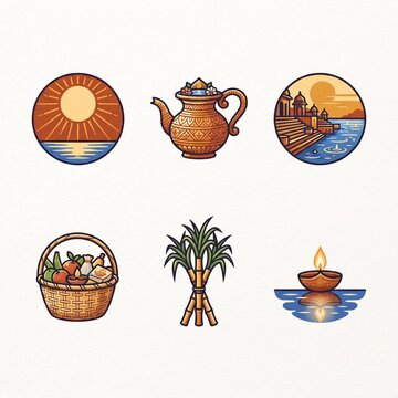 Collection of chhat puja symbols including sun river basket sugarcane and diya flat design icons.