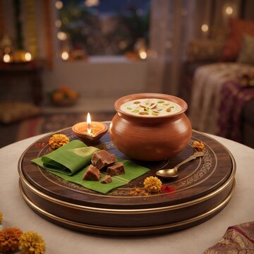 Traditional rice pudding served in earthen bowl with jaggery and marigold flowers on round tray.