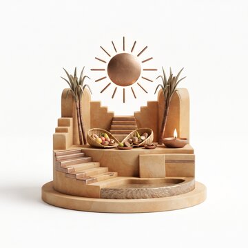 Decorative miniature brown scene depicting sun and sugarcane for chhath puja celebration.