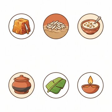 Traditional chhat puja ingredients flat icons collection on white for festival celebration.