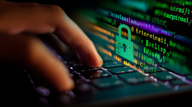 A hand typing on a keyboard beside a digital padlock and computer code represents secure programming and data protection.