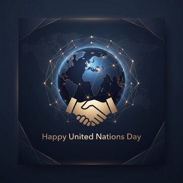 Global earth with golden handshake symbol for united nations day international cooperation.