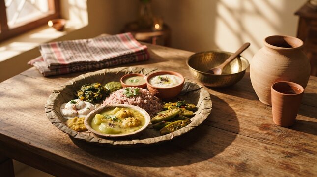 Nutritious indian meal served on natural leaf plate with clay cup on wooden rustic table.