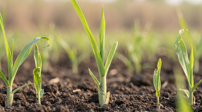 Fresh sugarcane seedlings emerge from cultivated soil during early crop establishment. The close ground-level view highlights young leaf development, plant vigor and the beginning of a tropical agricu