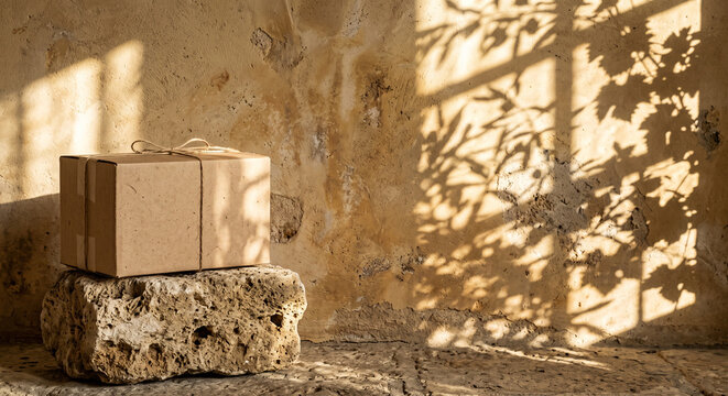 Cardboard parcel box tied with twine on stone block against textured wall for packaging presentation