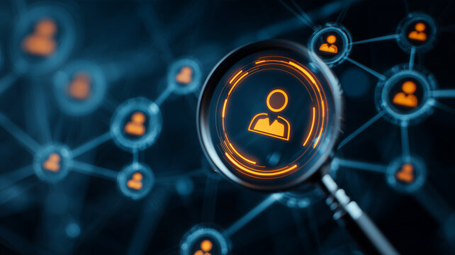 A magnifying glass highlighting a profile in a network of users represents candidate screening and professional talent discovery.