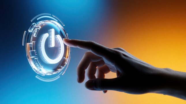 Human hand reaches out to touch glowing digital power button icon. Person activates futuristic interface on blue, orange gradient background. Concept of starting technology, innovation, digital
