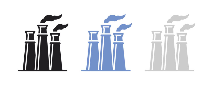 Industrial factory chimneys emitting smoke in three different color styles.