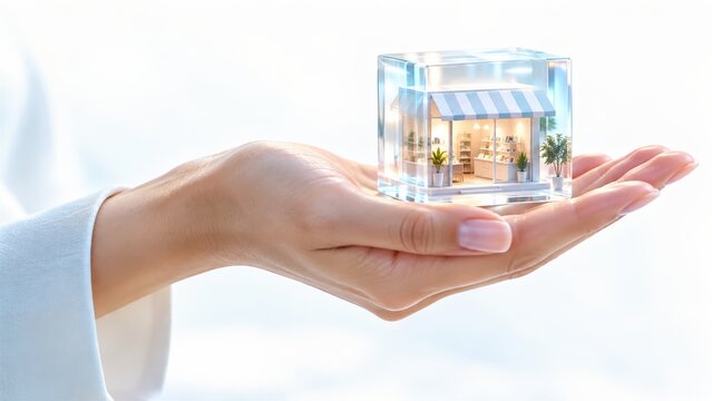 Conceptual image of miniature shop store inside glass cube held in human hand representing business growth and small commerce strategy