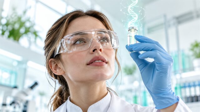 Scientist analyzing dna molecule in laboratory vial for medical research innovation and biotechnology development progress