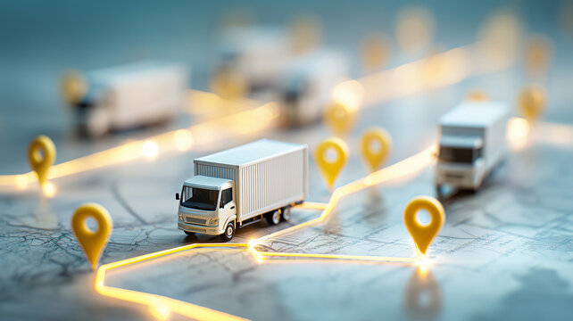 Delivery trucks following illuminated routes across a map illustrate shipment tracking and modern logistics route planning.