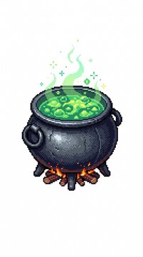 Pixel art illustration of a witch cauldron boiling green magic potion over campfire isolated on white background