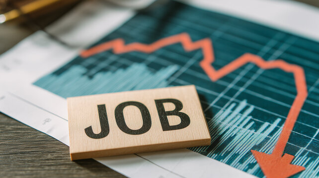 A wooden block spelling JOB beside a declining financial chart illustrates job losses and worsening labor market conditions.