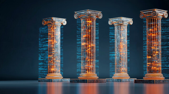 Four classical columns surrounded by digital code illustrate the modernization of banking institutions and financial infrastructure.