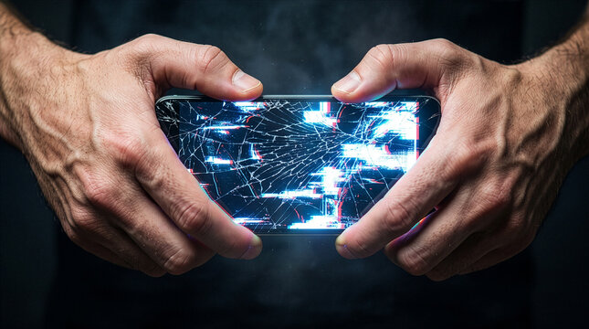 Hands holding smartphone with cracked glitching screen