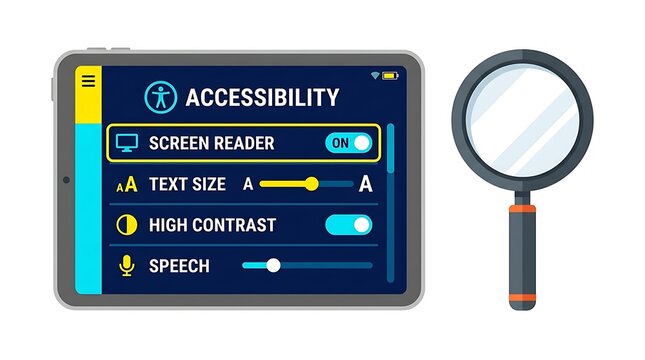 Digital Screen Reader Tablet with High Contrast UI and Optical Magnifying Glass on White Background
