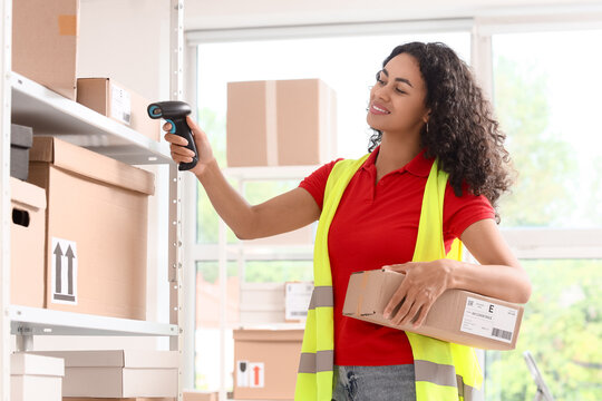 Logistics and supply chain management, warehouse worker scanning parcel with barcode reader for inventory control and efficient shipping operations