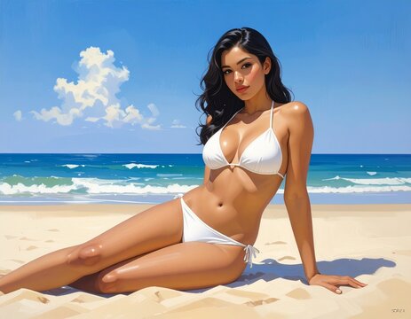 woman modeling a white bikini, she is poised on a sunny beach