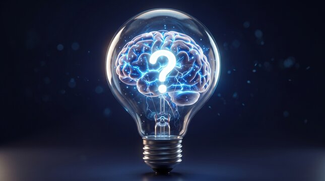 A glowing lightbulb containing a digital brain and a bright question mark, symbolizing intellectual curiosity, human thought, and problem-solving concepts