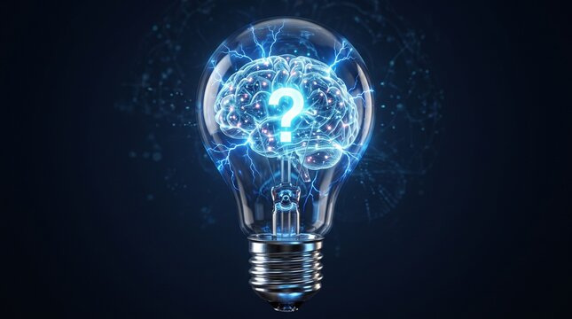 Glowing blue light bulb containing a human brain with a question mark symbol representing creative thinking and problem solving innovation