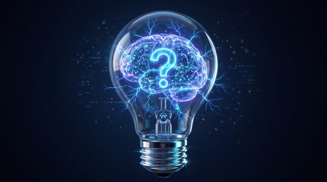 A Glowing Light Bulb With a Question Mark Inside the Brain, Representing a Brilliant Idea or a Moment of Discovery