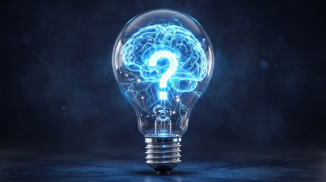 Innovative idea concept featuring a glowing blue digital brain with a question mark inside a lightbulb on a dark background
