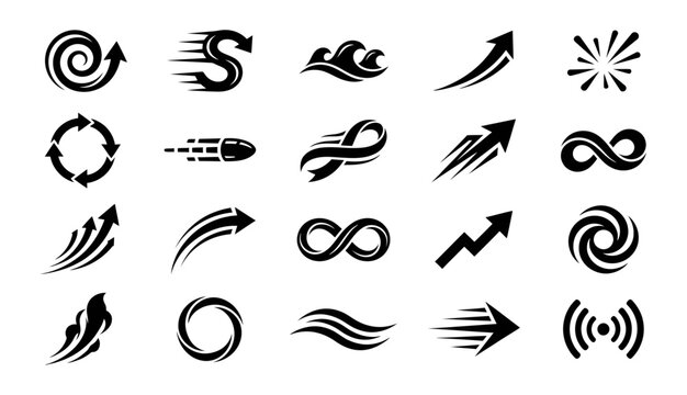 Set of abstract vector icons featuring arrows, waves, infinity symbols, and speed motion effects