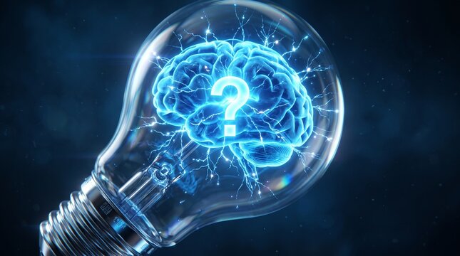 Glowing light bulb with digital brain and question mark symbolizing artificial intelligence idea curiosity and problem solving