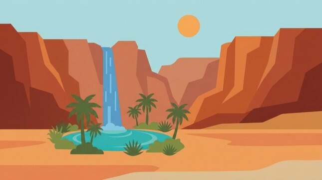 Desert oasis scene with waterfall and palm trees vector illustration