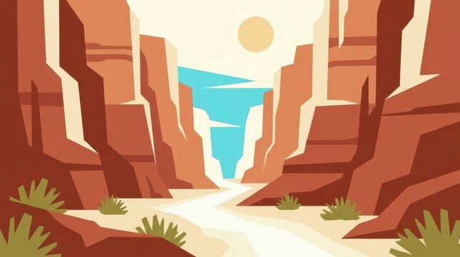Desert canyon landscape with a winding river and bright sun vector illustration